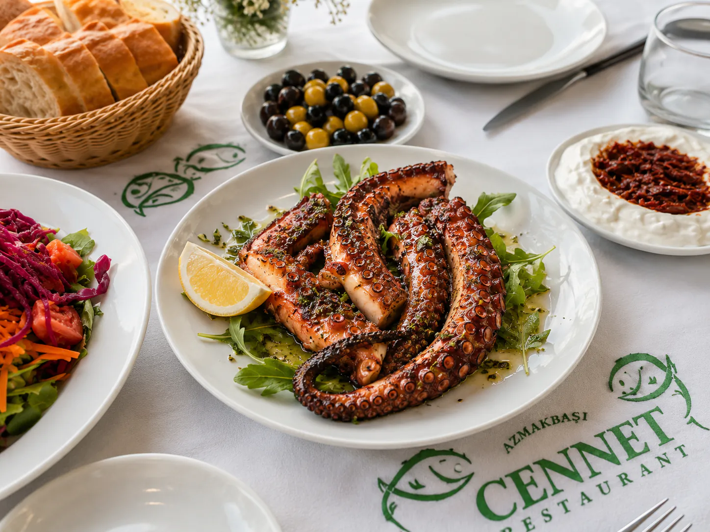 Izgara ahtapot, zeytinyağı ve limonla