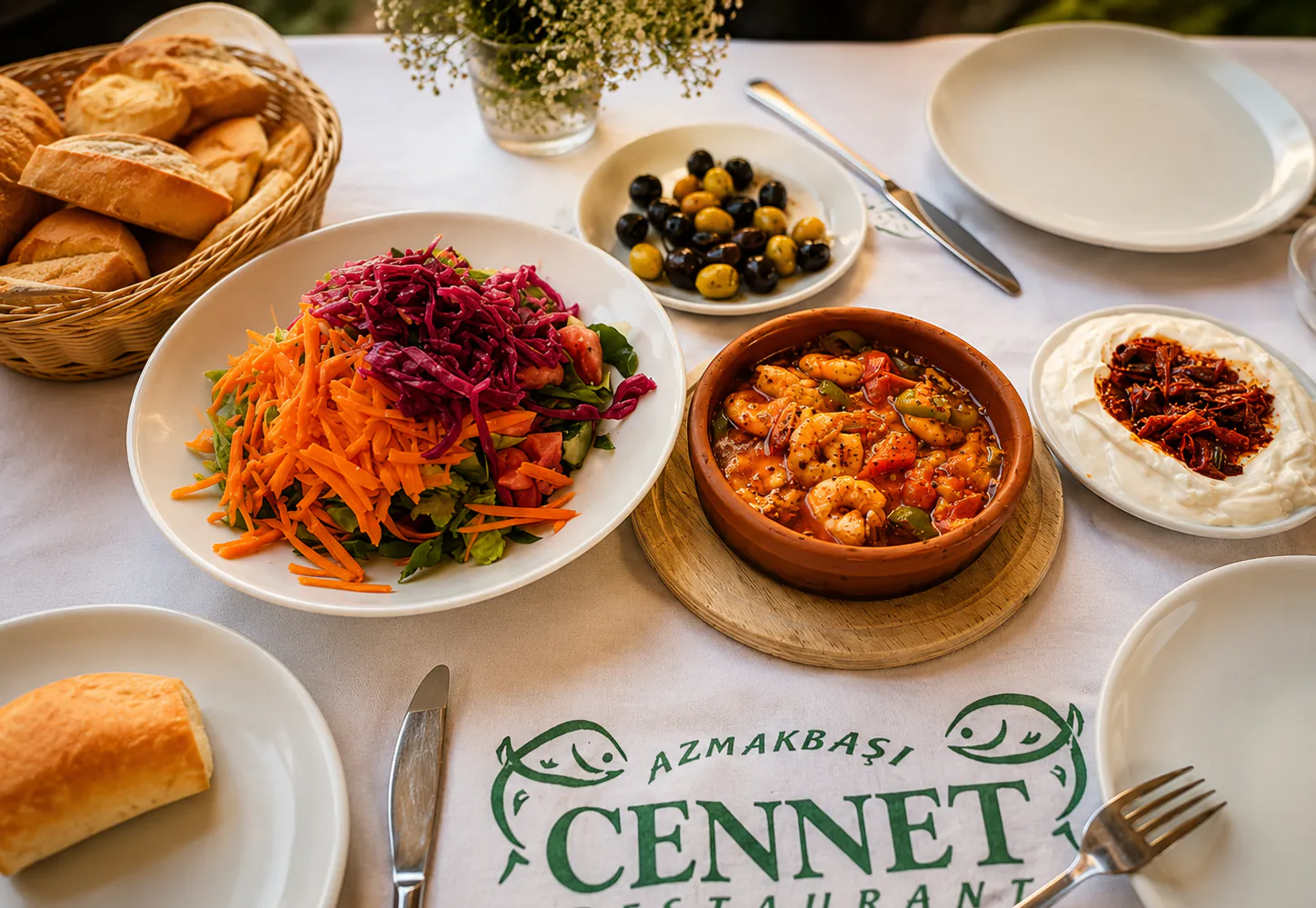 Cennet Restaurant sofrası: mevsim salatası, karides güveç, mezeler ve taze ekmek